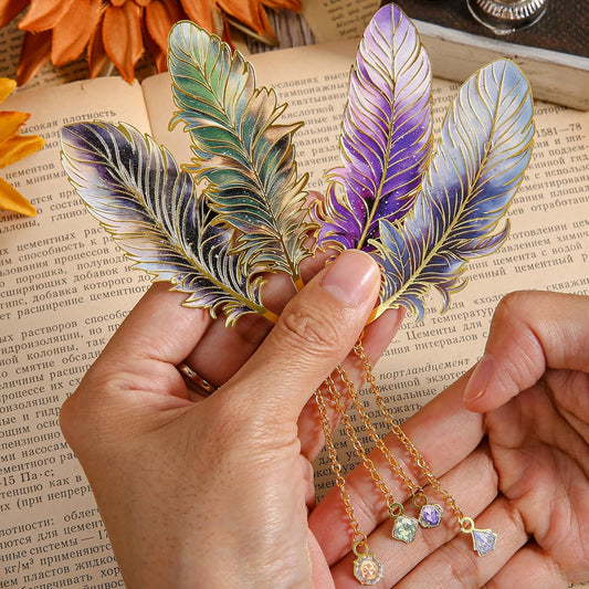 Starry Wings Feather-Shaped Metal Bookmarks - Vintage 4-Pack Page Markers for Book Lovers & Readers