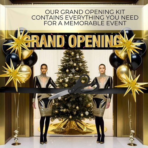 Black Ribbon Cutting Ceremony Kit - 25 Inch Scissors for Grand Opening Gold Satin Ribbon Gold Star Balloons and Grand Opening Banner for Inaugurations Special Events Ceremonies