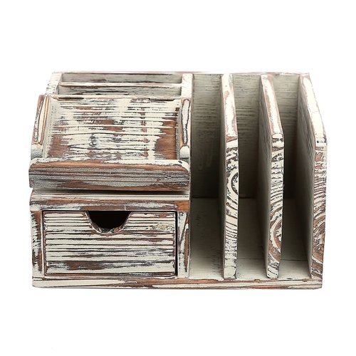 MyGift Rustic Torched Wood Desktop Organizer with Drawer, Mail Sorter, Sticky Note Pad Holder, Wooden Desk Storage Caddy for Office/Home