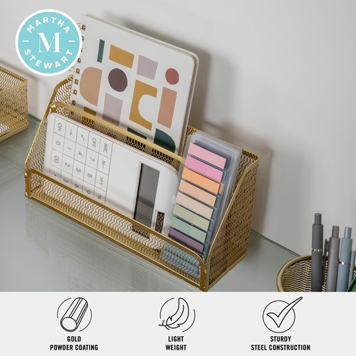 Martha Stewart Ryder Gold Mesh Metal 6 Piece Set Desktop Organizers and Accessories, Holds Files, Magazines, Letters, Pens, Sticky Notes and Business Cards