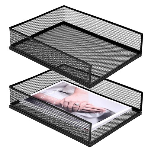 Magazine File Holder, 2 Pack Desk Organizer and Accessories, Metal Paper Tray Office Document Organizer Wire Mesh Letter Trays Stackable Desk File Storage Basket, Black