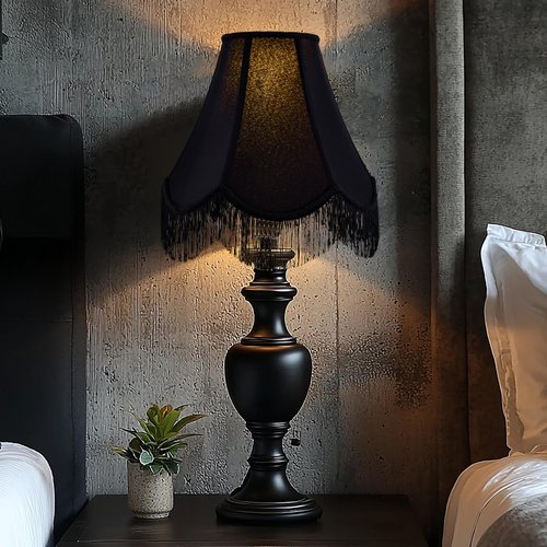 GO&SO Black Silk Bell Lamp Shades Petal Edge Braid with Black Fringe Trim, 6"x13"x10.6"(Spider), Classic Scalloped Lamps Shade Hand Crafted, Replacement Lamp Shades for Table,Floor Lamps,Easy Assembly