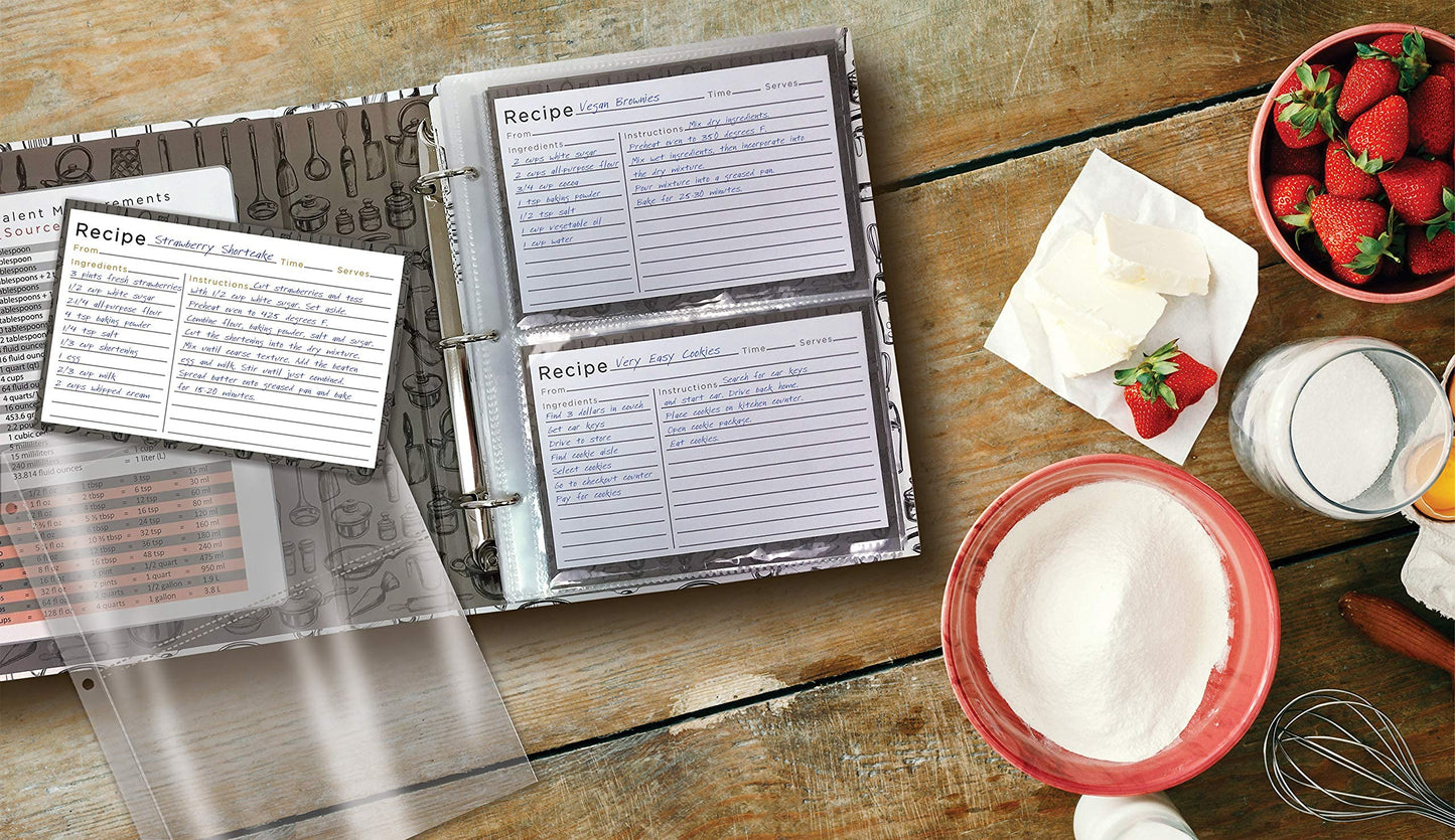 Better Kitchen Products Recipe Binder, 8.5" x 9.5" 3 Ring Binder Organizer Set (with 50 Page Protectors, 100 4" x 6" Recipe Cards & 12 Category Divider Tabs) Sleek Kitchen Design