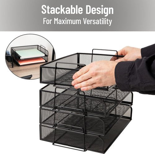 Mind Reader Stackable Paper Tray - Metal Mesh Desktop Organizer for Office | 4-Piece Set in Black