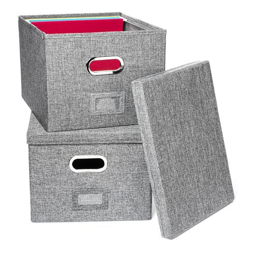Alfion Hanging File Box 2-Pack | Portable Office Organizer with Lid, Handles, Metal Frame for Letter Size Folders (Gray)