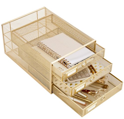 Annova Desk Organizer Wire Mesh 3 Tier Sliding Drawers Paper Sorter/Multifunctional/Premium Solid Construction for Letters, Documents, Mail, Files, Paper, Kids' Art Supplies (Gold)