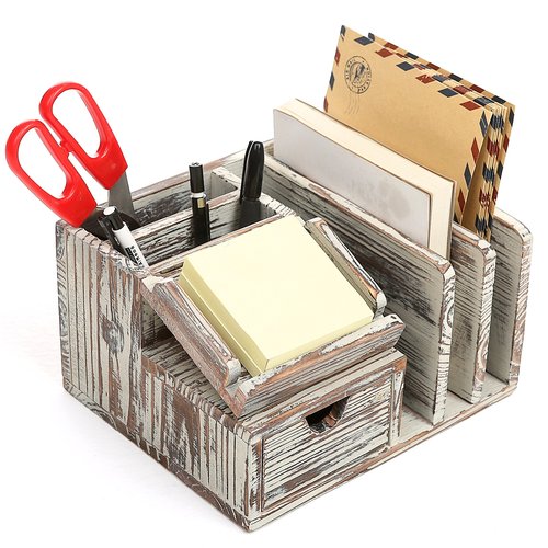 MyGift Rustic Torched Wood Desktop Organizer with Drawer, Mail Sorter, Sticky Note Pad Holder, Wooden Desk Storage Caddy for Office/Home