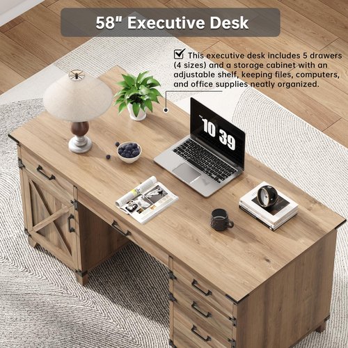 59" Farmhouse Executive Desk with Keyboard Tray,Wooden Computer Desk with Scratch-Resistant Wear-Resistant for Office, 5 Drawers,Home Office Workstation with wFile Cabinet Storage