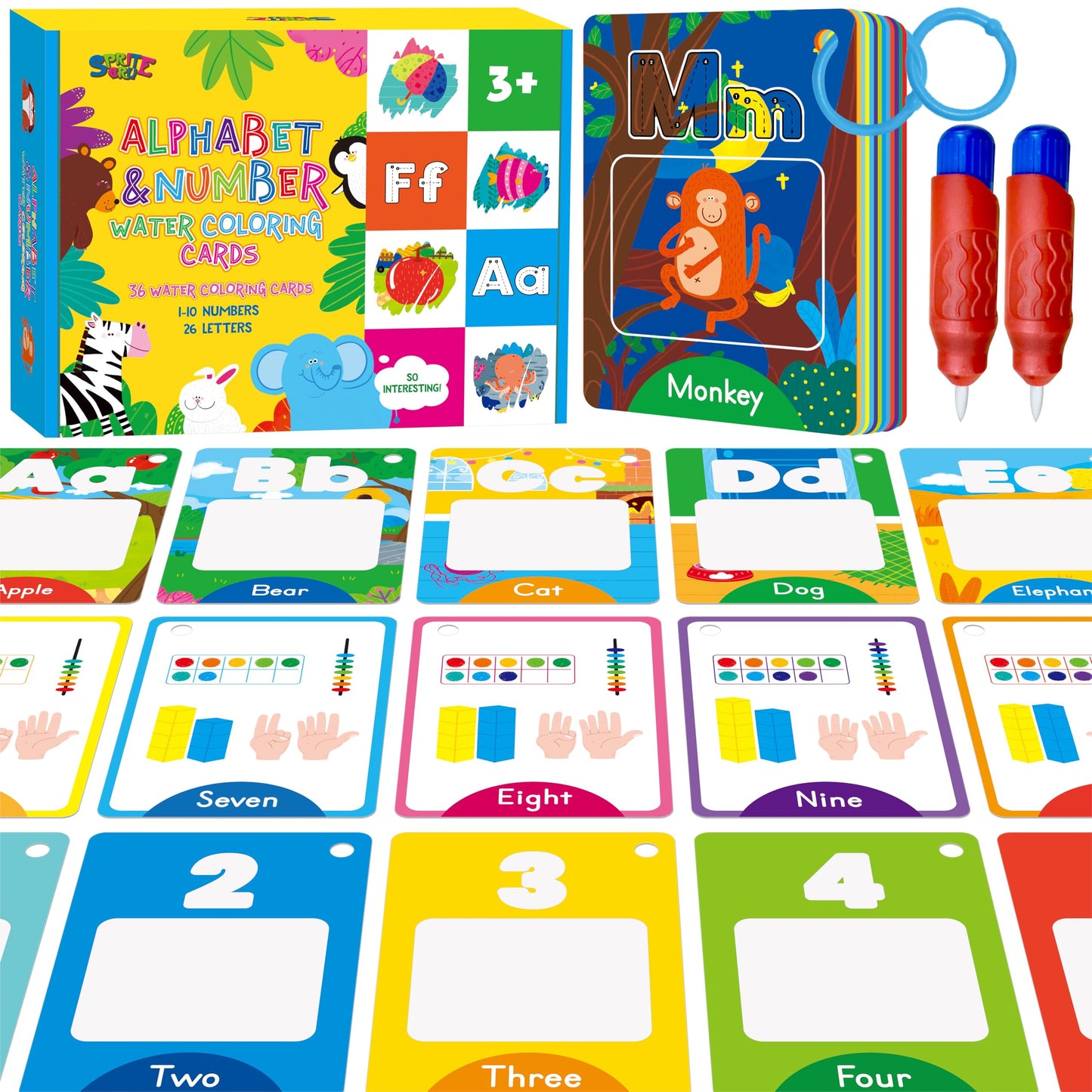 36 PCS Alphabet & Number Water Cards, Double-Sided Drawing Card- Letters ABC, Numbers 123, First Words, Early Learning Tool for Kids (2 Water Pens Included)