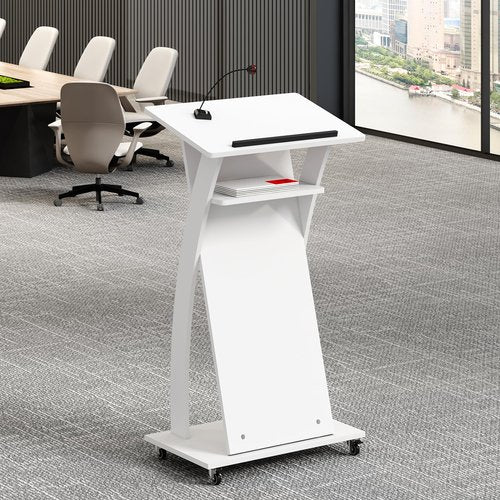 Xibolai Mobile Wooden Podium Stand with Wheels Lectern White 16MM Wood Board Elegant Design Wooden Churche Pulpit