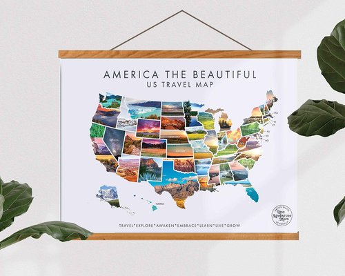 Epic Adventure Maps - USA State Travel Map Poster - Includes Push Pins + Magnetic Frame - White / 24 x 17 Inches