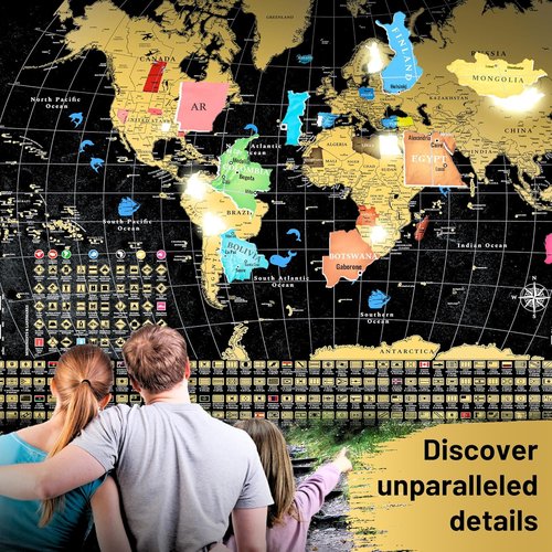 OVANTO Scratch Off World Map - 17x24” USA Map Wall Art with 196 Flags & Gold Foil | Perfect Gift for Travelers