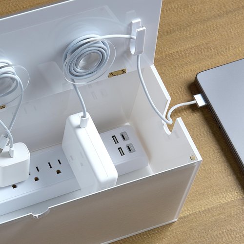 russell+hazel Desk Organizer Large Acrylic Cable Management Box, Transparent with White Backing, Hinged Lid, Integrated Notches & Hooks, 15.5" x 6" x 6" Cord Organizer for Home (102755)