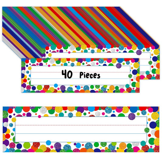 40PCS Desk Nameplates, Confetti Desk Name Tags with Double Sided PET Film Student Name Labels Erasable & Reusable Traditional Manuscript Name Plates for School Classroom Organization (10” x 2.8”)