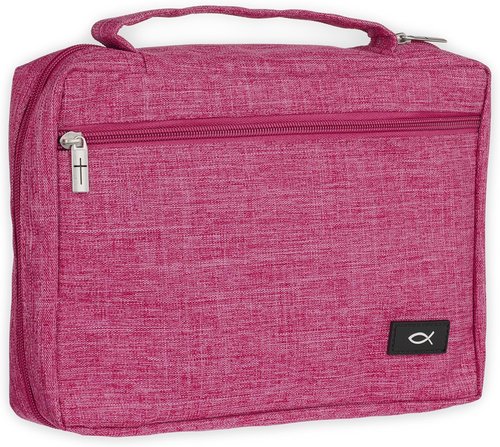 Christian Art Gifts Bible Cover - Durable Polyester with Jesus Fish Patch, Zipper Pocket & Pen Loops | Pink XL