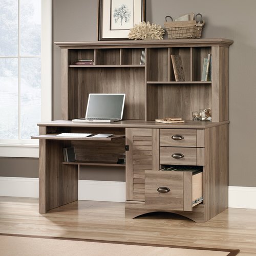 Sauder Harbor View Home Office Computer Desk with Hutch, Keyboard Tray, in Salt Oak finish