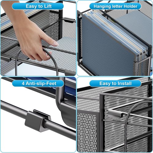 Marbrasse 4 Tier Paper Organizer Letter Tray, Desktop Organizer with Hanging File Holder, Mesh Desk File Office Supplies for Home Office (Black)