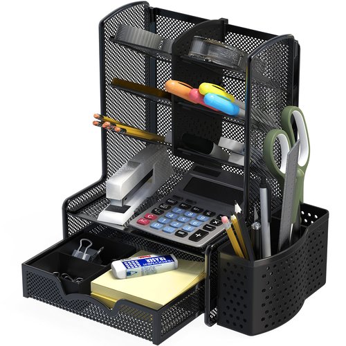 Simple Houseware SHW 6-Compartment Desktop Organizer with Drawer, Black