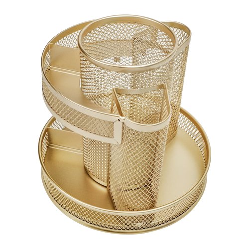 Annova Mesh Desk Organizer Rotate with 5 Compartments Round Spinning Tidy Candy/Pen Holder Desk Accessories Office, Art Supply, Storage, Classroom, Home (Gold)