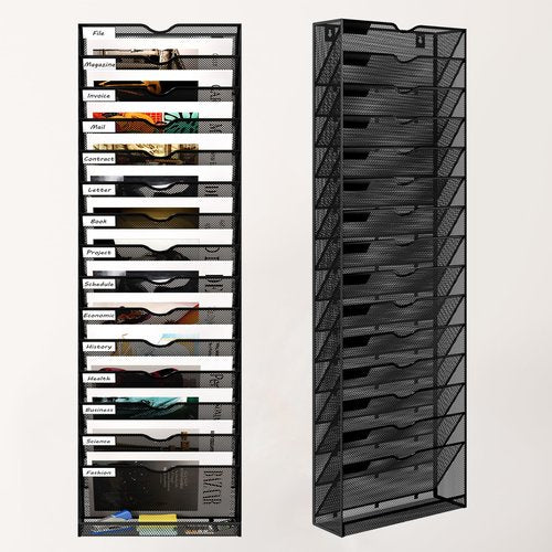 Senhoglb 16 Tier Hanging Wall File Holder, Metal A4 Wall Mounted Document Holder, Vertical Hanging Mail Organizer, Magazine Storage Rack with Tray for Office Home Classroom, Black