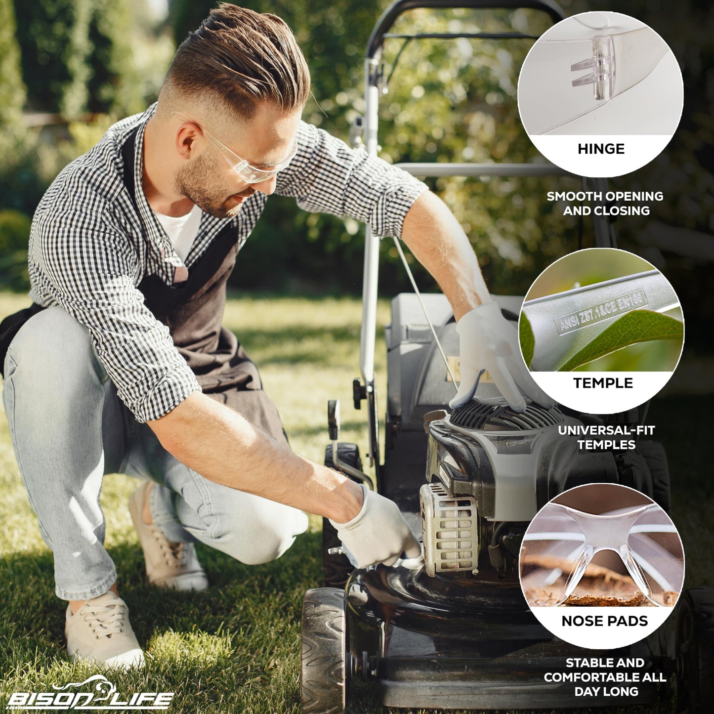 BISON LIFE Safety Glasses | 12 PAIRS with Clear UV Protection, Scratch Resistant, Wrap Around, Ballistic Impact Protected Lenses, One Size, Clear Lens Clear Temple, 12 per pack (1 pack)