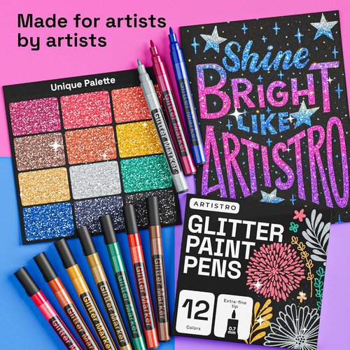 ARTISTRO Glitter Paint Pens - 12 Extra-Fine Tip Acrylic Markers for Glass, Rock, and DIY Crafts