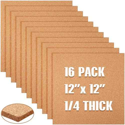 16 Pieces Cork Board Tiles 12 x 12 Square Bulletin 1/4" Thick Cork Board with 80 Self Adhesive Squares Included for Office, School and Home