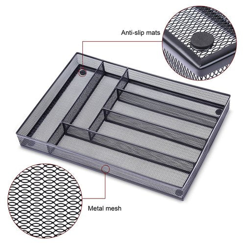 WuGeShop Desk Drawer Organizer with 6 Compartments, Mesh Drawer Organizer Tray for Stationery, Office Supplies Desktop Storage, Black