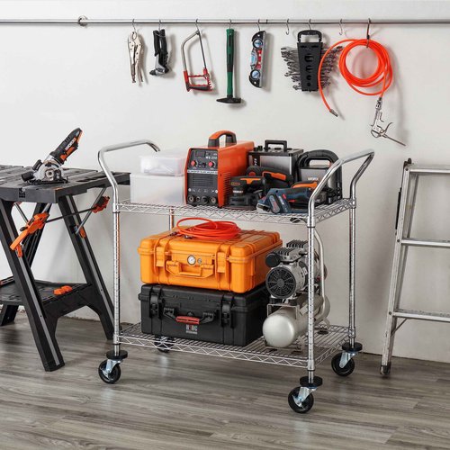 Finnhomy 2-Tier Commercial Grade Rolling Cart, Heavy Duty Utility Cart, Carts with Wheels and Handles, Kitchen Cart on Wheels, Metal Serving Cart with 500 lbs Capacity, Shelf Size 20" D x 36" W, NSF