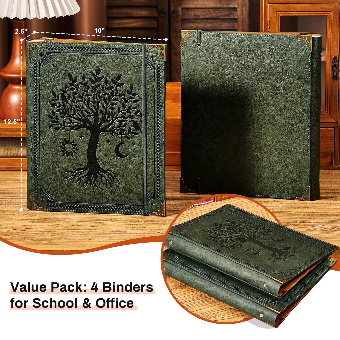 OVESMUSL 4 Pack Leather 3 Ring Binder Fits 8.5"x11" Letter Size Paper, 1.5 Inch Round Ring Binder Holds 350 Sheets, Notepad Paper Cover Loose Leaf Organizer, Green Tree