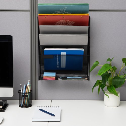 Mind Reader 5-Pocket Vertical File Storage, Desktop Organizer, Wall Mount, Office, Metal Mesh, Black
