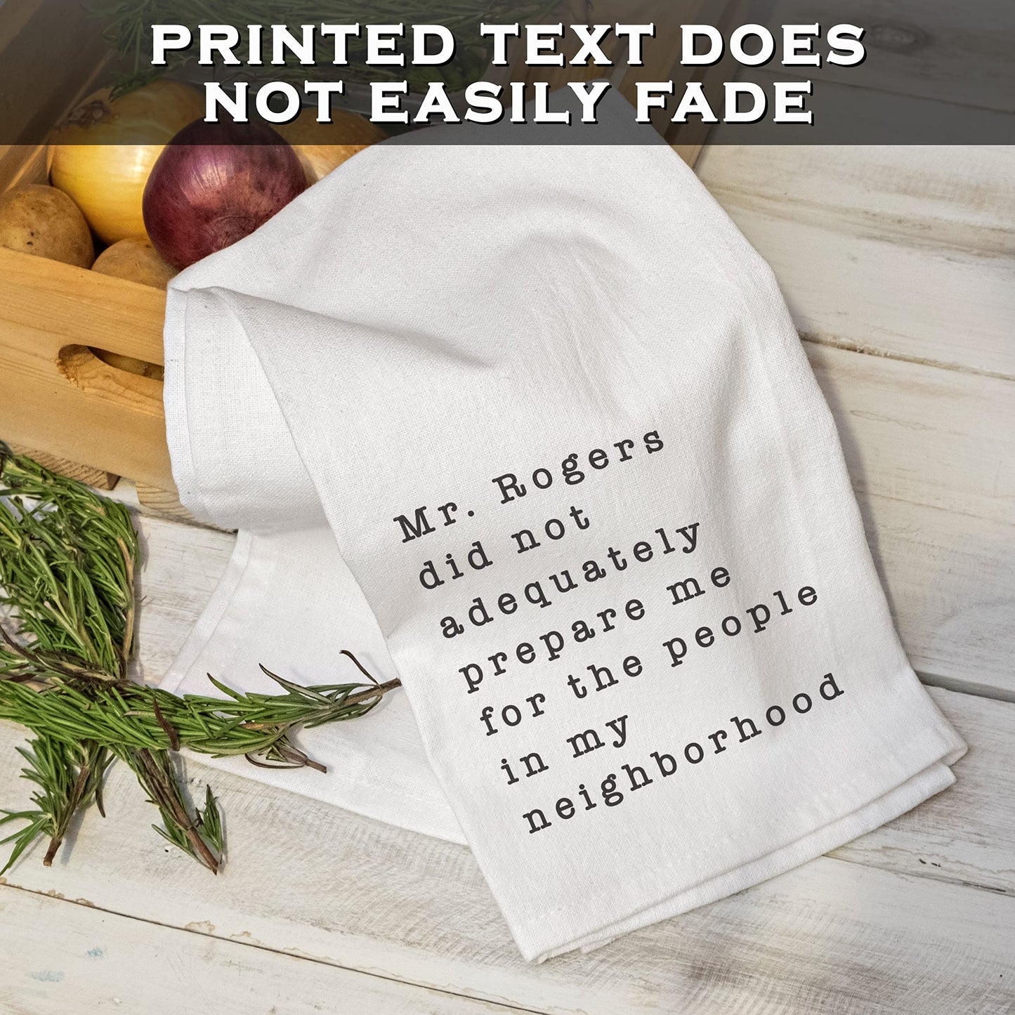 MAINEVENT Mr Rogers Dish Towel 18x24 Inch, Funny Kitchen Tea Towel Neighborhood Friends Adult Humor Decor, Women Hostess Gift