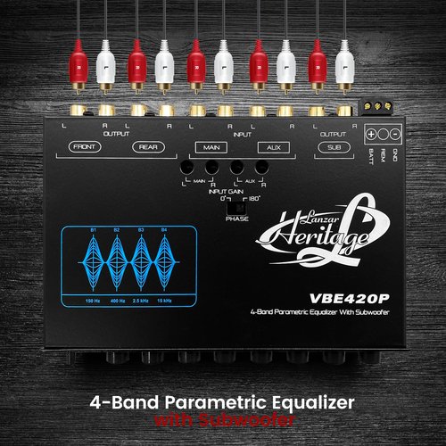 Lanzar 4 Band Stereo Equalizer - Half Din Car Equalizer with Subwoofer Gain Control, RCA Inputs, Pre-Amp Outputs, Rotary Fader, AUX Input Selector, Blue Light for Car or Home Audio Systems