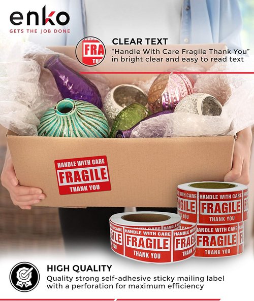 Enko Large Fragile Stickers - Handle With Care Warning Packing Labels | 3 x 5 Inch, 500 Labels