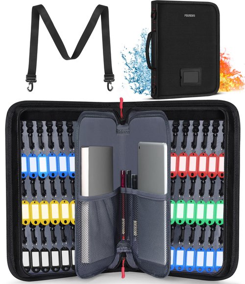 PEKREWS Key Organizer Case, Fireproof & Waterproof Key Bag with 54 Key Tags, Portable Zippered Key Storage Box for Estate Sales, Hotels, Office, Property Management, Handle & Shoulder Strap Included