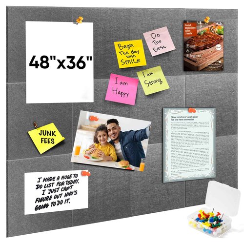VUSIGN Large Cork Board for Wall 47"x35", 12 Pack Bulletin Board, Felt Wall Tiles with Adhesive Tabs and Push Pins, Push Pin Board for Office, School, Home, Grey