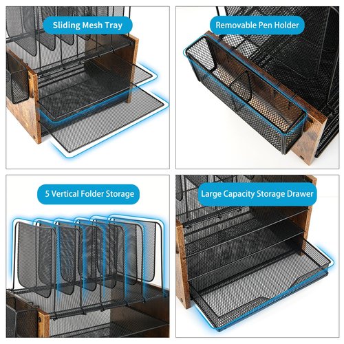 OPNICE Wood Desk Organizers and Accessories, 4-Tier Workspace Desktop Paper Organizer with Drawer, 5 Vertical File Holders and Pen Holder for Office Supplies