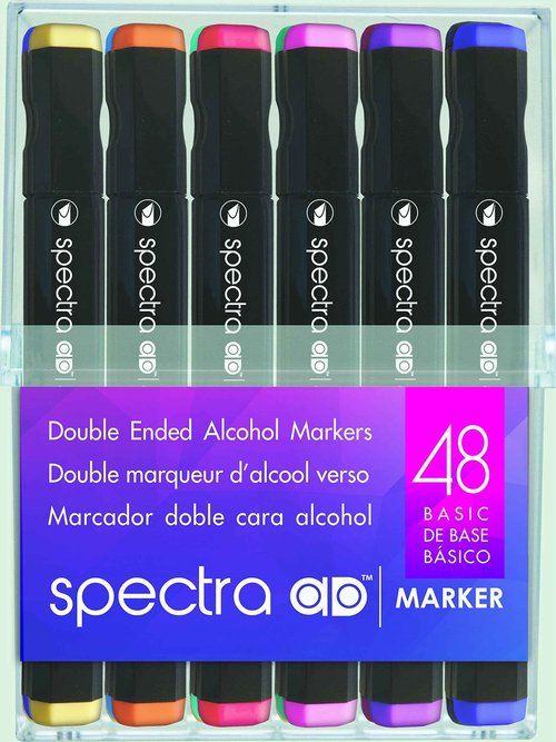 AD Marker Chartpak Spectra, Tri-Nib and Brush Dual-Tip, 48 Assorted Basic Color Set in Hard Plastic Cubes, 1 Each (SBASIC48AD)