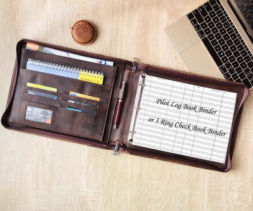 3 Ring Check Binder, Genuine Leather Check Book Portfolio for 3 Holes Checks or 9 Holes Checks, Fits 3-on-a-Page Business Checks, Check Book Binder for 11 1/4"x9", Crazy Horse Leather Dark Khaki