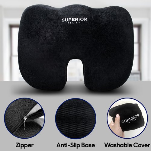 SUPERIOR RELIEF Seat Cushion for Office Chair, Car & Gaming – Cooling Gel, Ergonomic Coccyx Support for Sciatica & Back Pain Relief – Non-Slip, Washable Cover, Portable Comfort Pad