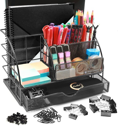 OFFICE ALMIGHTY Black Desk Organizer for Men: Exclusive Large 7 in 1 Mesh Coated Metal Supplies Organizer with Pen Holders, Folder Holder & Accessories Drawer & 171 Clips Set w/a Plastic Box