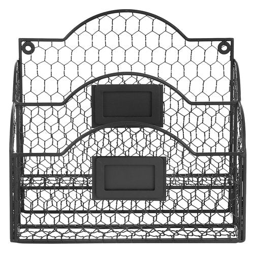 MyGift Metal Wire Basket Desk Organizer, 2 Compartment Inbox/Outbox Black Entryway Wall Mail Sorter, Office Desktop Stationery File Organizer Holder with Chalkboard Labels