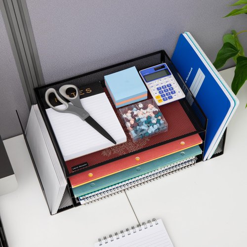 Mind Reader Desktop Organizer, File Storage, Paper Tray, Workspace, Office, Metal Mesh, 16.75"L x 9.15"W x 6"H, Black