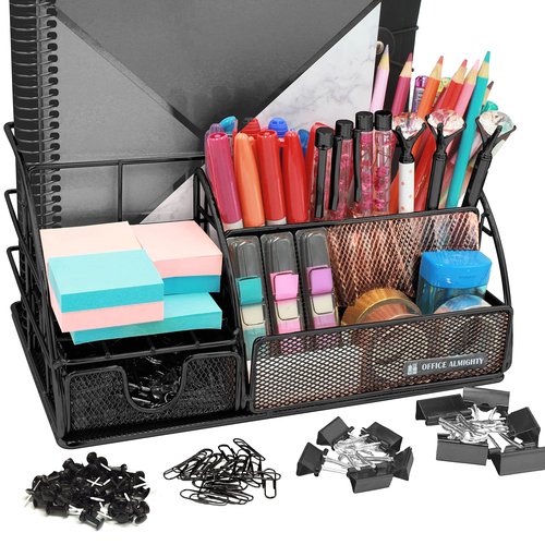 OFFICE ALMIGHTY Black Desk Organizer for Men: Exclusive Large 6 in 1 Mesh Shiny Metal Supplies Organizer with Pen Holders, Folder Holder & Accessories Drawer + BONUS 171 Clips Set w/a Plastic Box