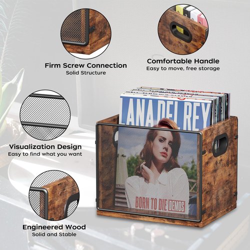 Homeiju Wooden & Metal Record Crate - Vinyl Album Holder & Organizer, Holds Up to 60 Records