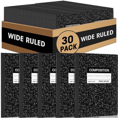 Fumete 30 Pcs Composition Notebooks Bulk Wide Ruled Composition Notebook 140 Page (70 Sheet) Black Marble Journal Book, 9.75 x 7.5 Inch Bulk Back to School Supplies Office Notebook for School College