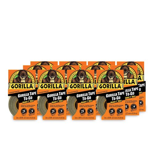 Gorilla Tape, Mini Duct Tape To-Go, 1" x 10 yd Travel Size, Black, (Pack of 12)
