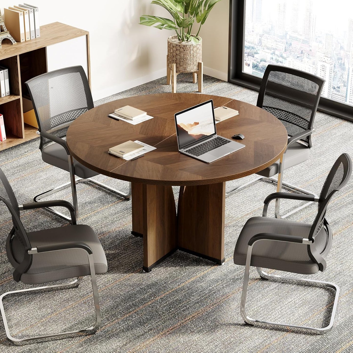 LITTLE TREE 39-Inch Small Conference Table for 4, Round Meeting Table with X-Shape Pedestal, for Office, Conference Room, Small Spaces, Black