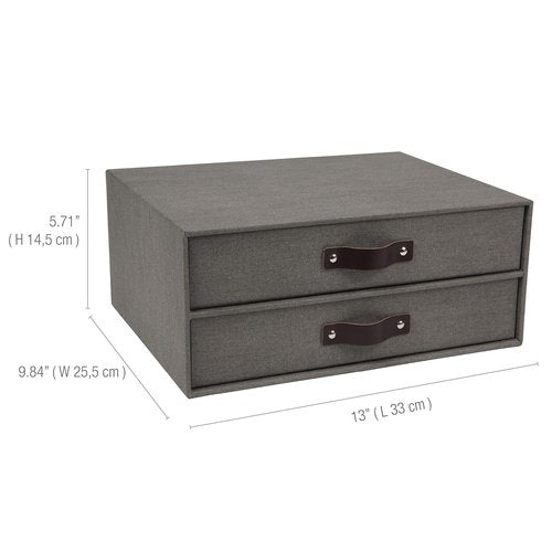 Bigso Birger 2-Drawer Canvas Fiberboard Easy Pull Handle Document Letter Box | Desktop Drawers for Loose Papers and Documents | Desktop Storage Drawers with Leather Handles | 13.1” x 10” x 5.7” | Grey