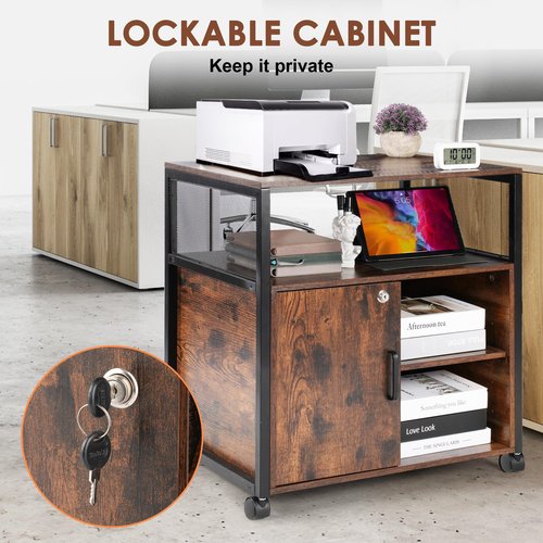 Rengue Lateral File Cabinet,Locking Office Filing Cabinets with Socket and USB Charging Port,Mobile Printer Table with Wheels for Home Office Storage and Organization,Height Adjustable Storage Shelf